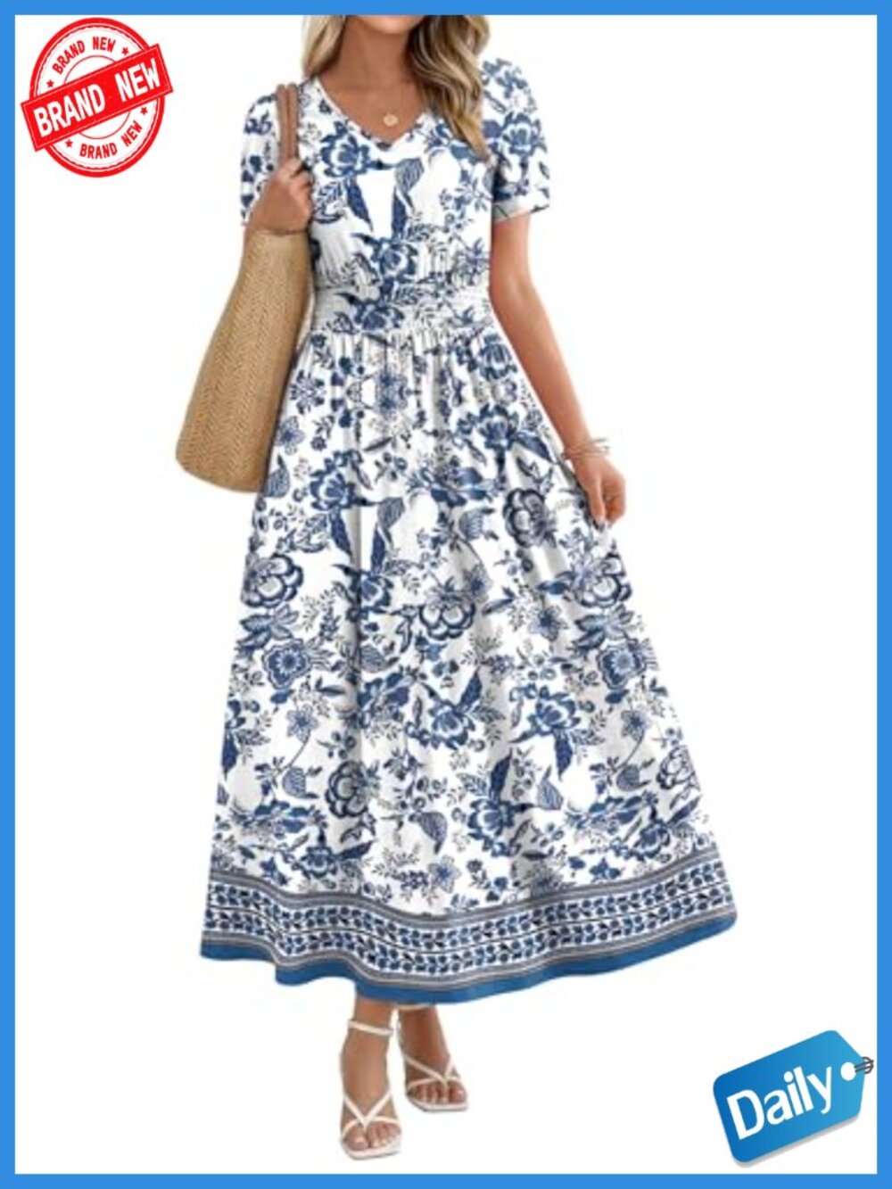 V-Neck Maxi Dress Smocked Waist A-Line Flowy Midi Dress for Women Casual Summer